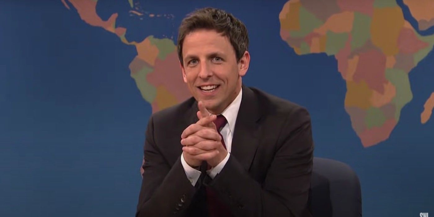 Seth Myers delivers a line on the Weekend Update Sketch from SNL