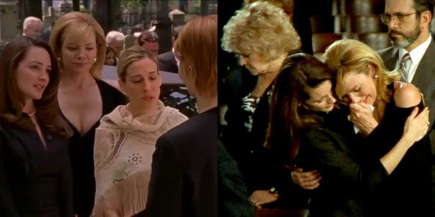 Split image of women at funeral and Charlotte comforting a crying Samantha in Sex and the City