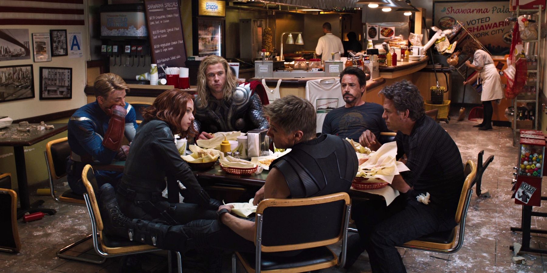 The Avengers eating Shawarma