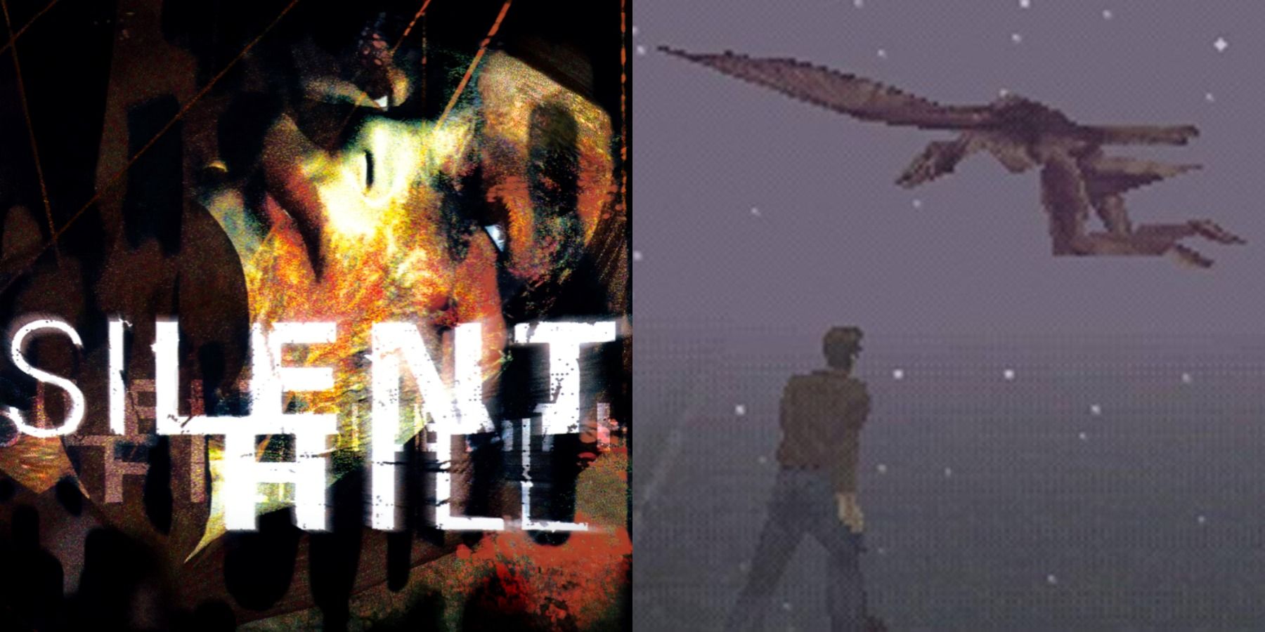 Split image of Silent Hill's PAL box art and Harry Mason running around the city.