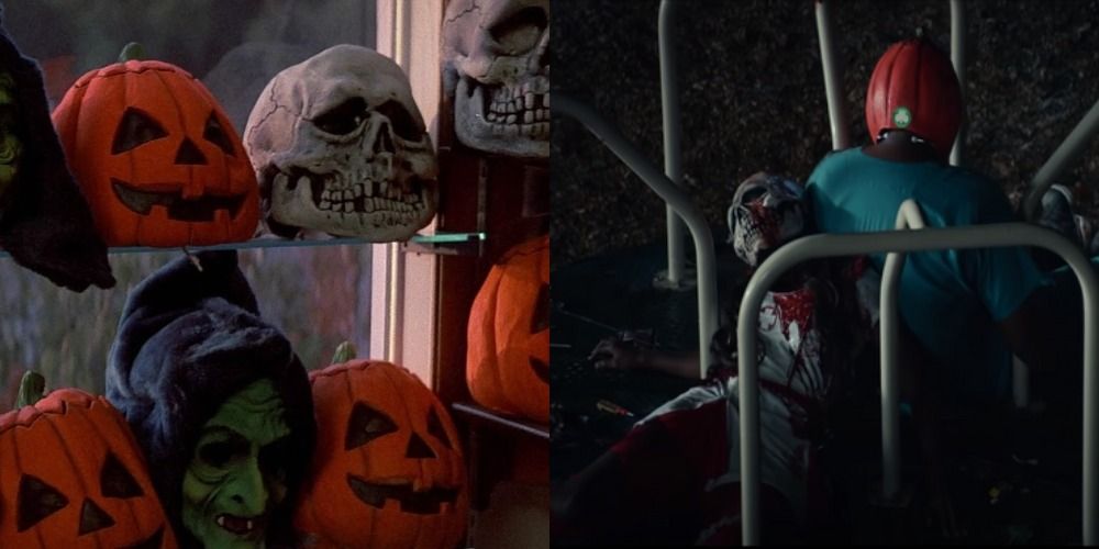 Halloween 3 Silver Shamrock Masks display next to same masks on bodies in halloween kills