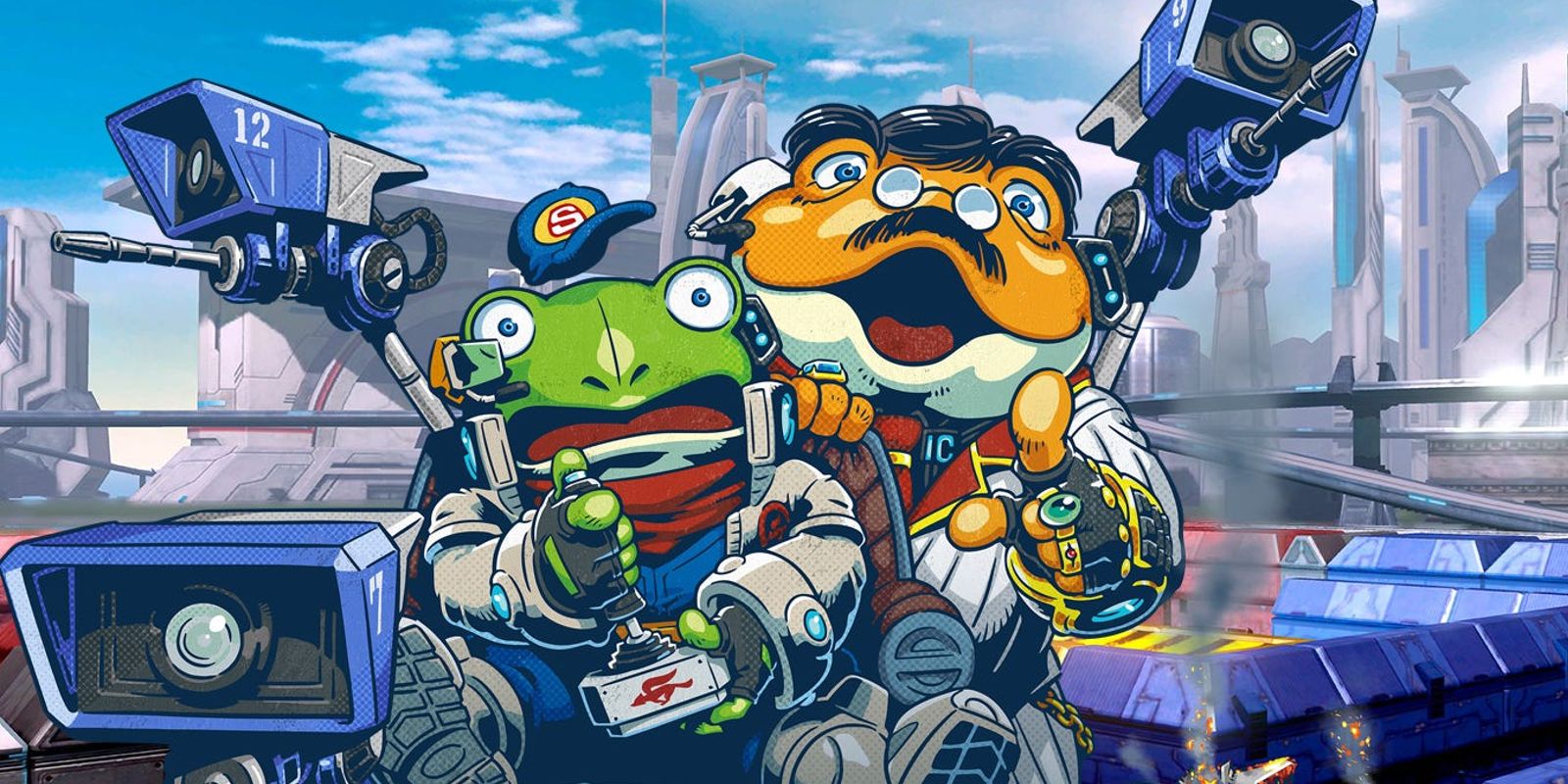 Slippy Toad at the control of the security cameras in Star Fox Guard
