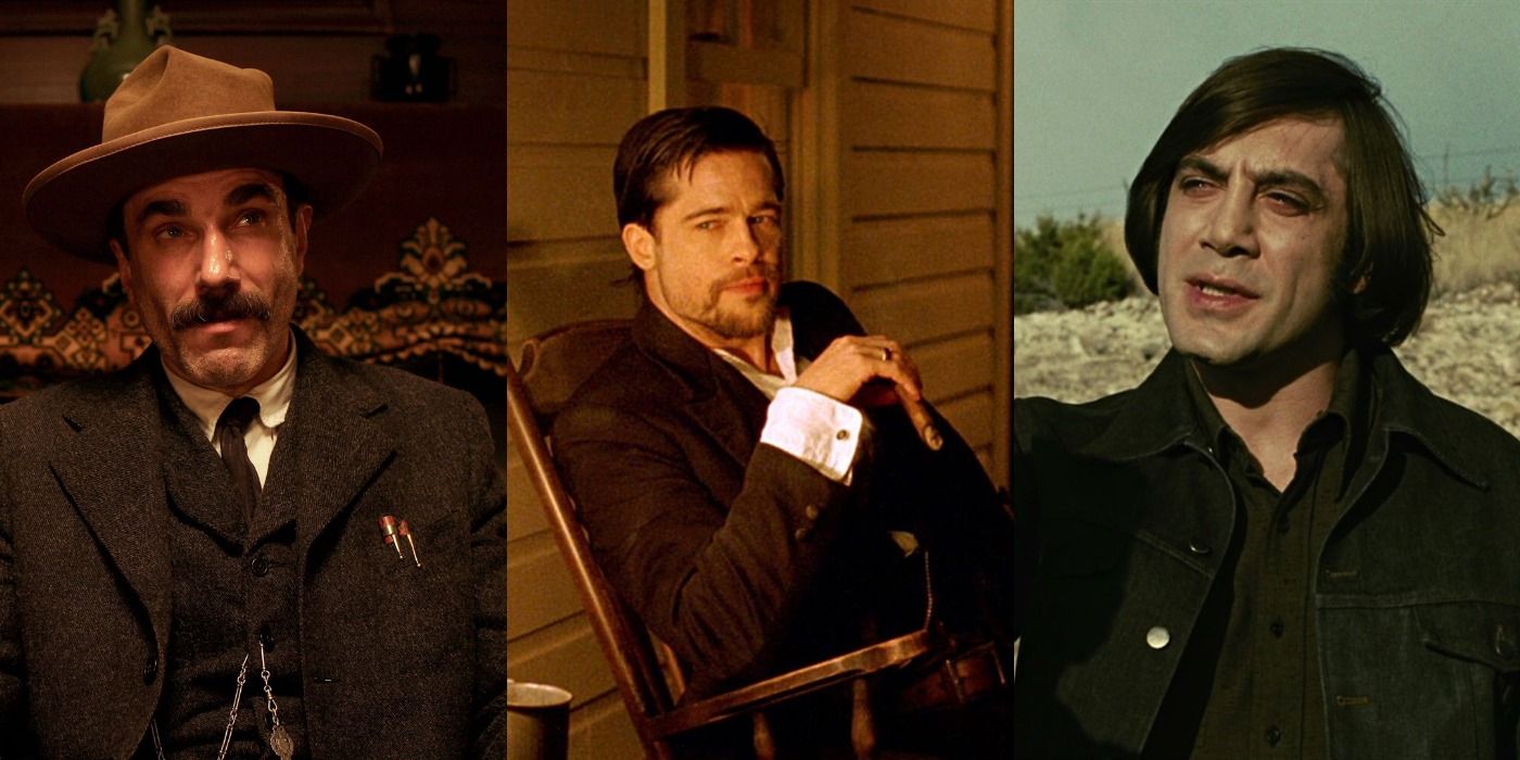 Split image of Daniel in There Will Be Blood, Jesse in The Assassination of Jesse James, and Anton in There Will Be Blood