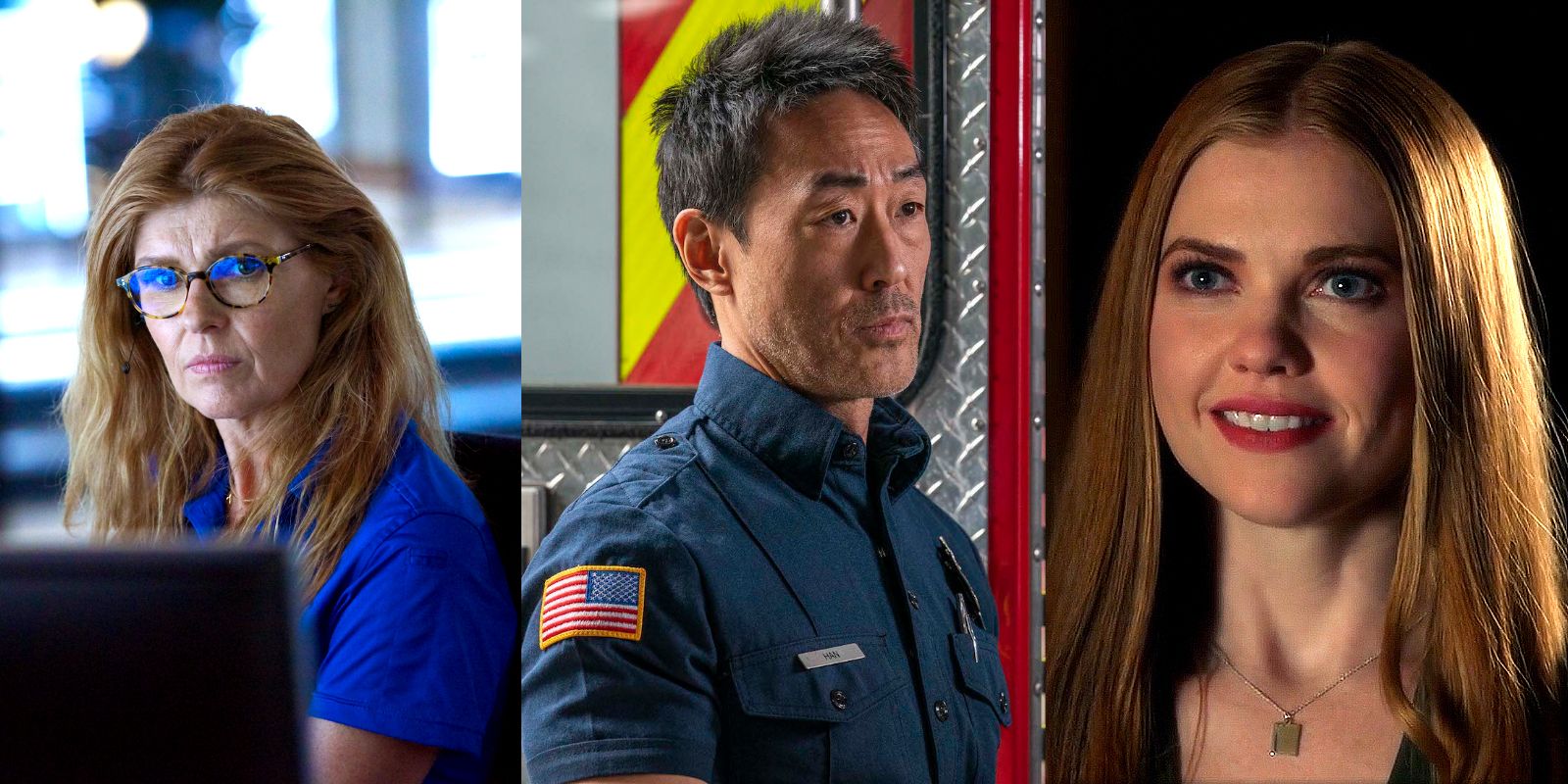 Split image: Abby at the call center, Chimney by a fire truck, and Taylor smiling in 9-1-1.
