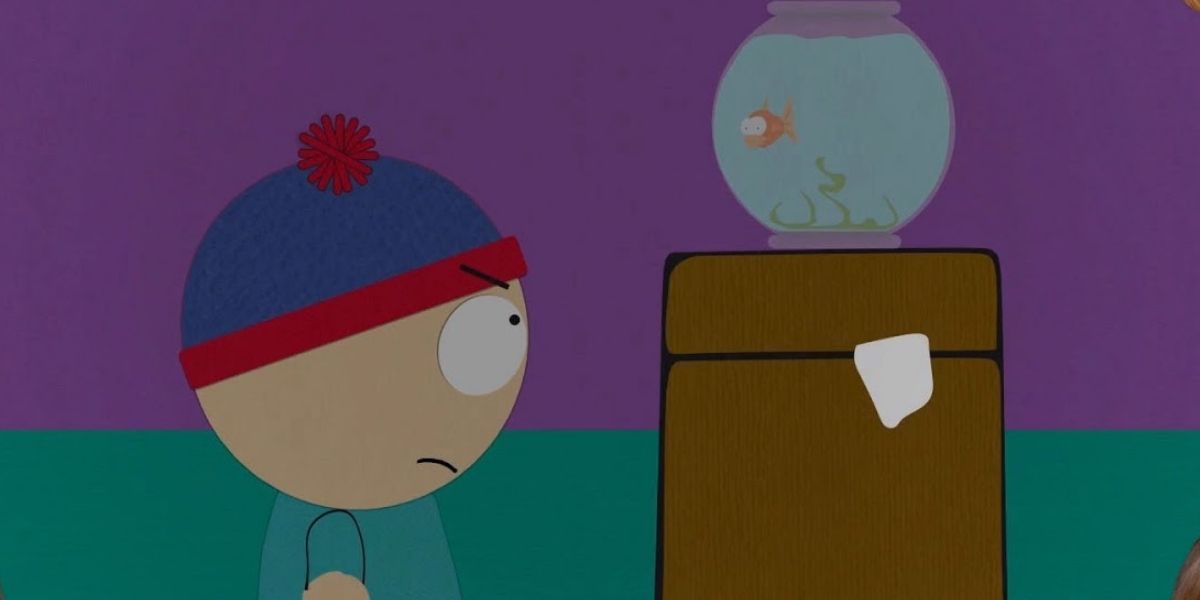 Stan having a staring contest with a fish in South Park