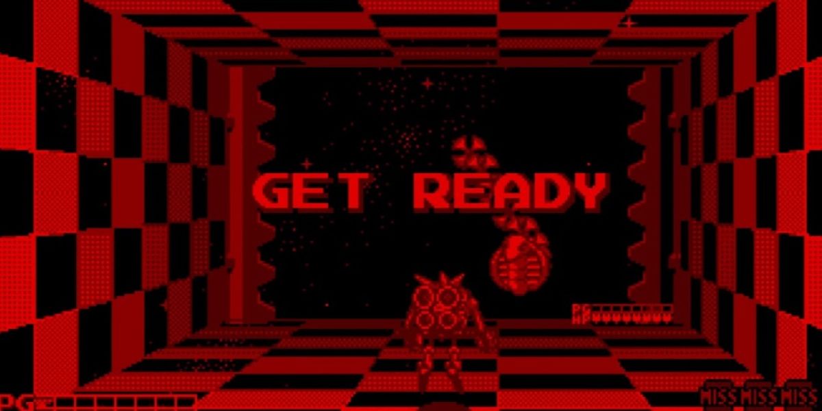 The robot prepares to face a boss in Space Squash for Nintnedo's Virtual Boy.