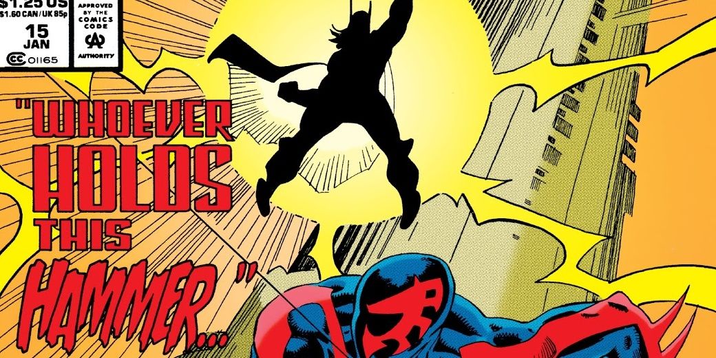 Spider Man 2099 swinging from a web while Thor's shadow appears in the background in Marvel Comics.