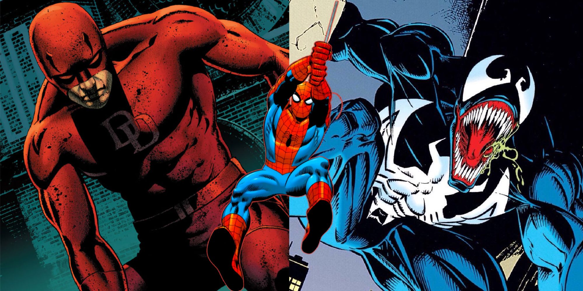 Split image of Daredevil and Venom with Spider-Man swinging from Marvel Comics.