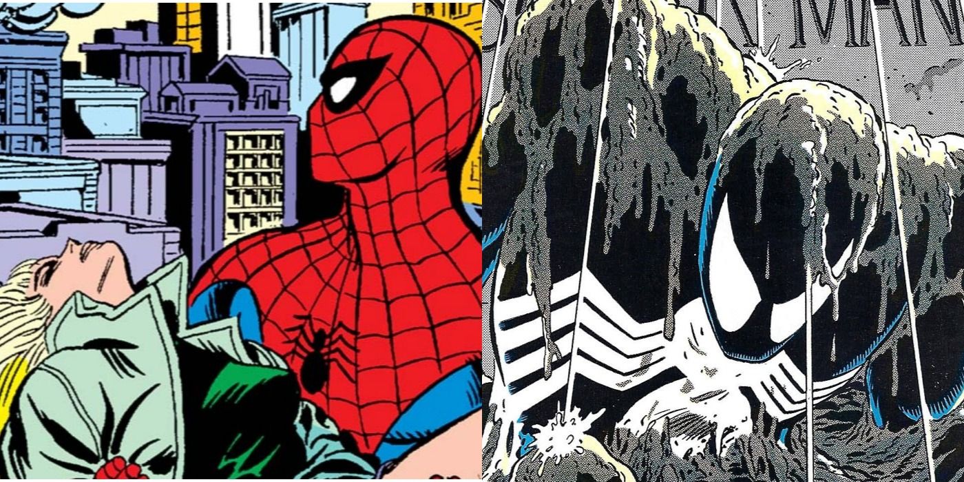 Split image of Spider-Man holding Gwen Stacy and coming out of grave in Marvel Comics.