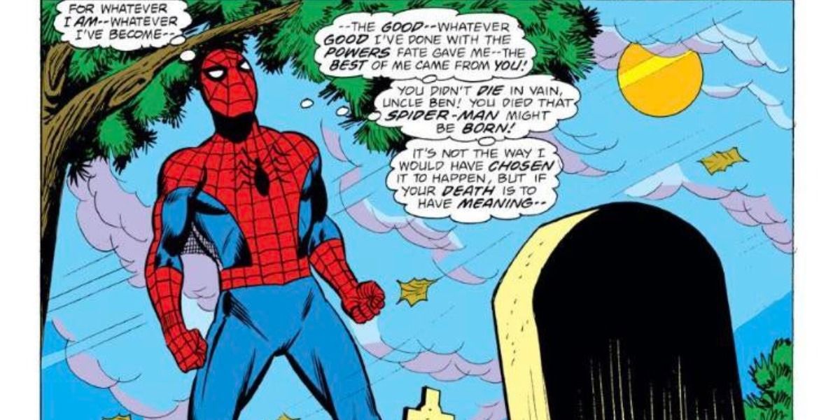 Peter in his suit at Uncle Ben&rsquo;s grave in The Amazing Spider-Man comic.