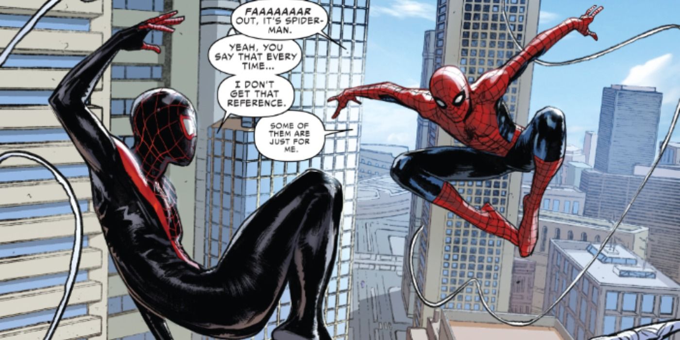 Spider-Man and Miles Morales swing into action in Marvel Comics.