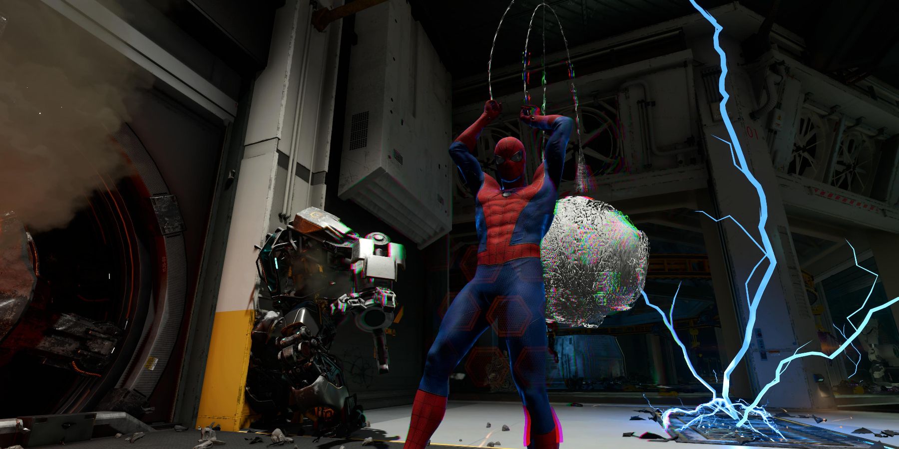 Spider-Man hurling his Wrecking Ball ultimate ability in Marvel's Avengers