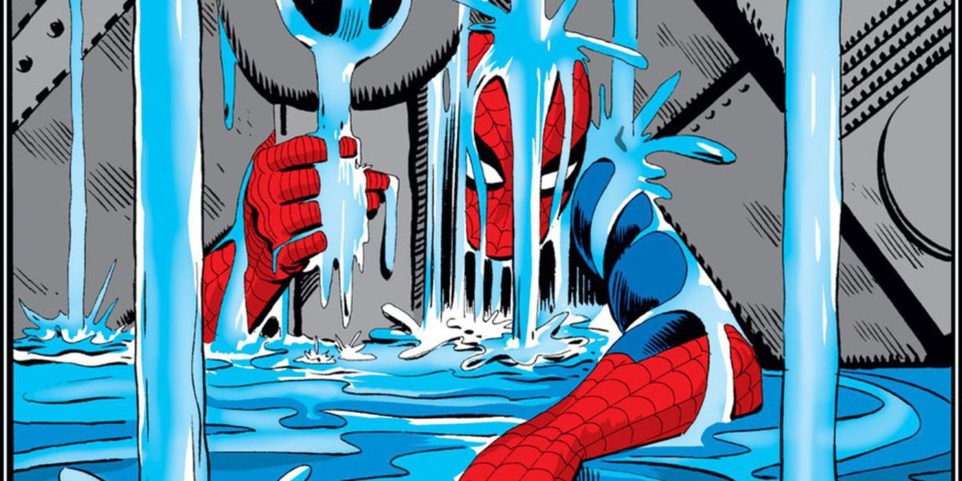 Spider-Man trapped under machinery as water pours over him in Marvel Comics.