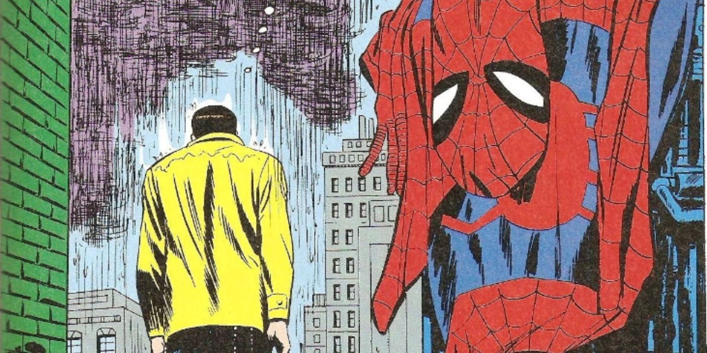 Spider-Man walks away from his suit in a trash can in Marvel Comics.