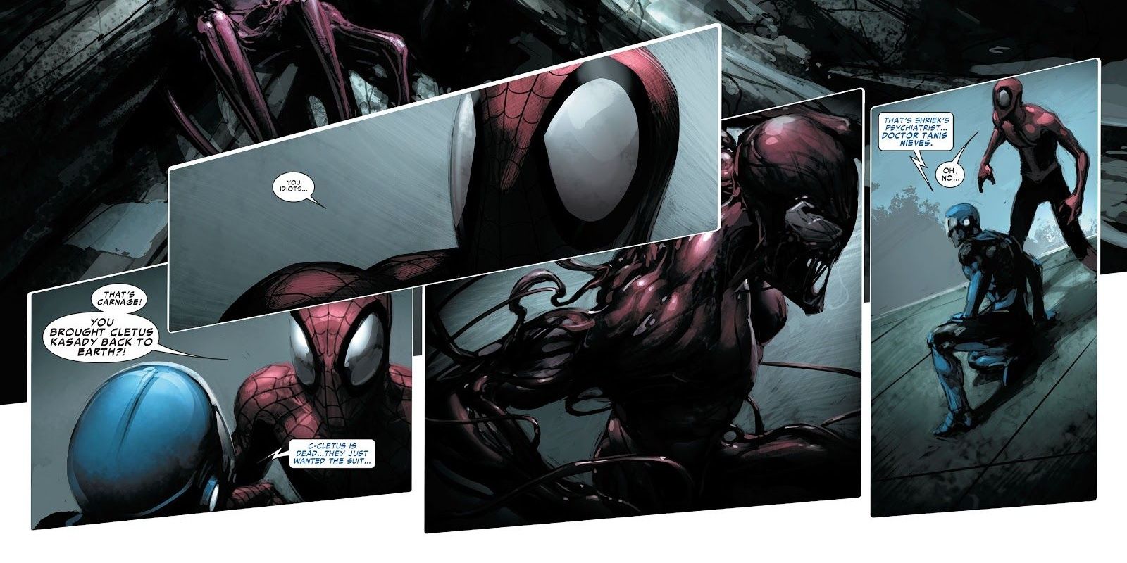Carnage fights Spider-Man and an Iron Ranger in the comics