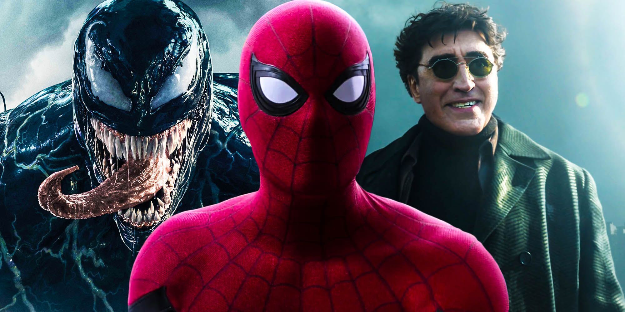 Split image of Venom, Spider-Man and Doc Ock