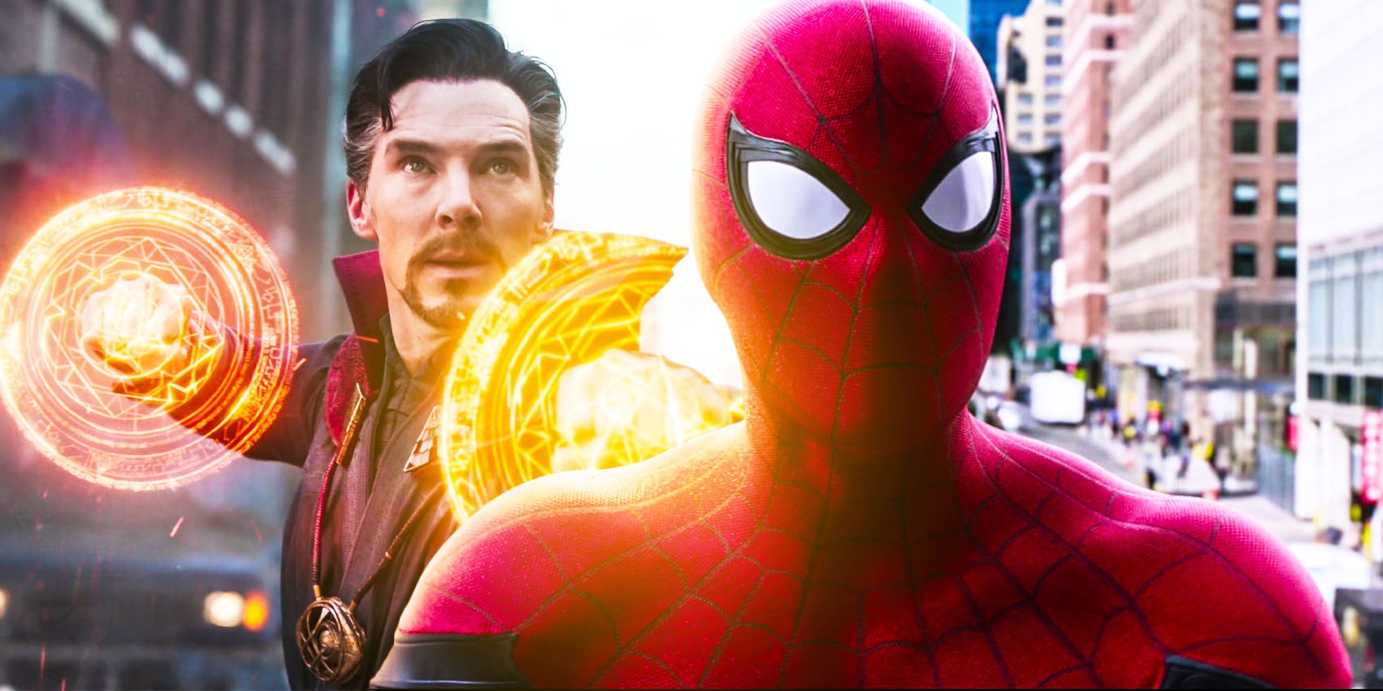 Superimposed image of Doctor Strange using his magic &amp; Spider-Man staring in Spider-Man No Way Home.