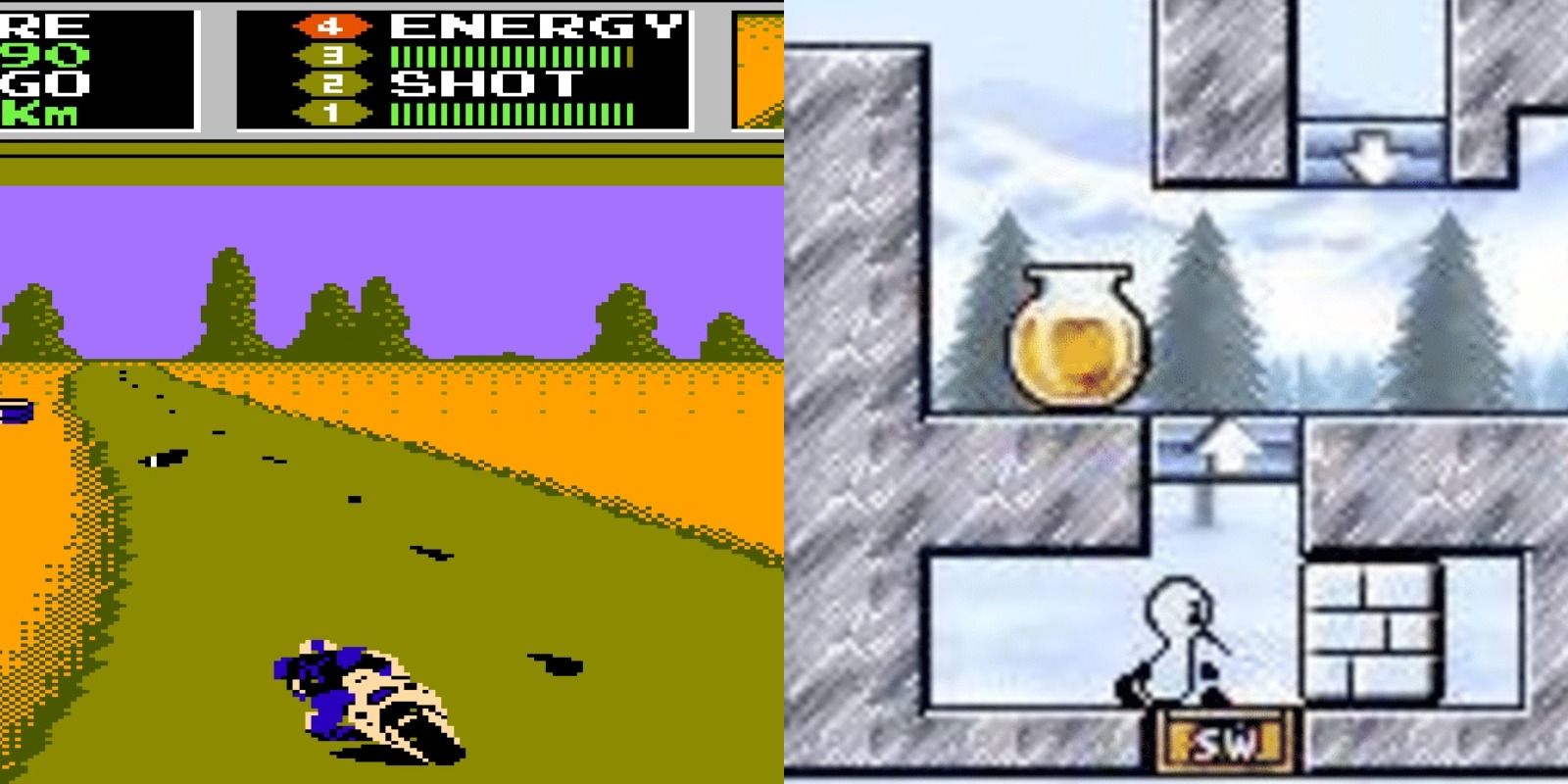 Split image of Mach Rider and Sutte Hakkun Nintendo games