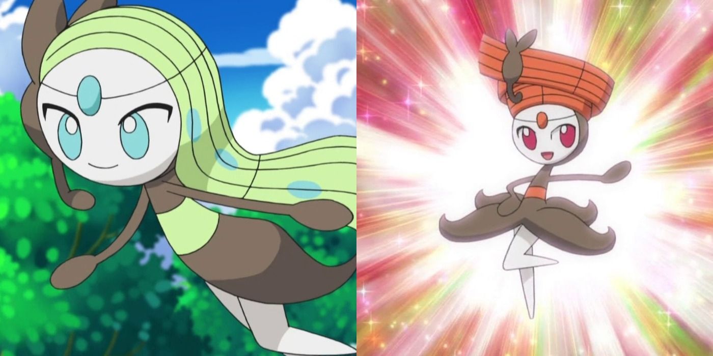 Split image of both Meloetta forms in the Pokemon anime