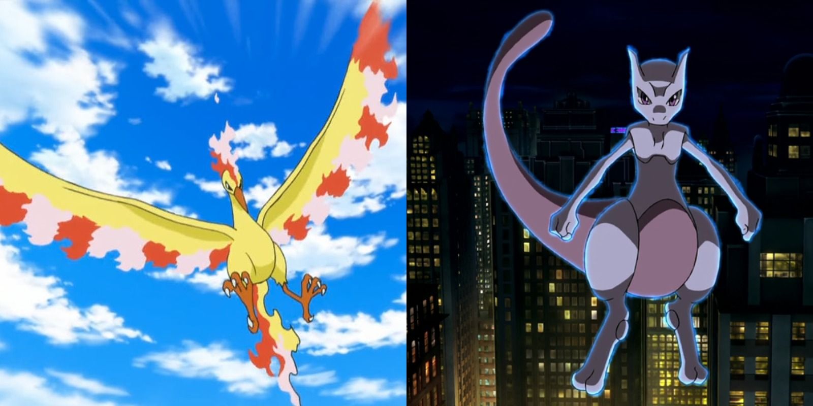 Split image of Moltres and Mewtwo