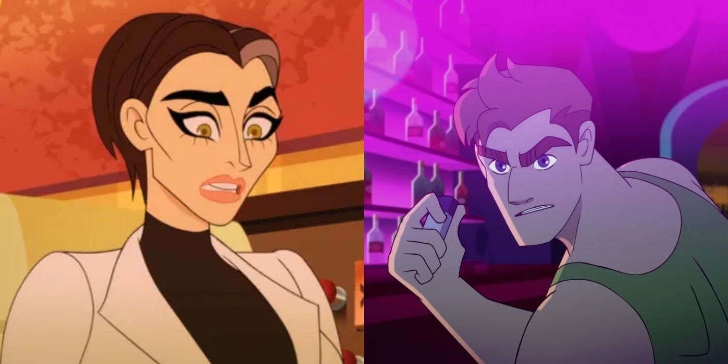 Split Image with V looking shocked and Steve about to fight in Q-Force.