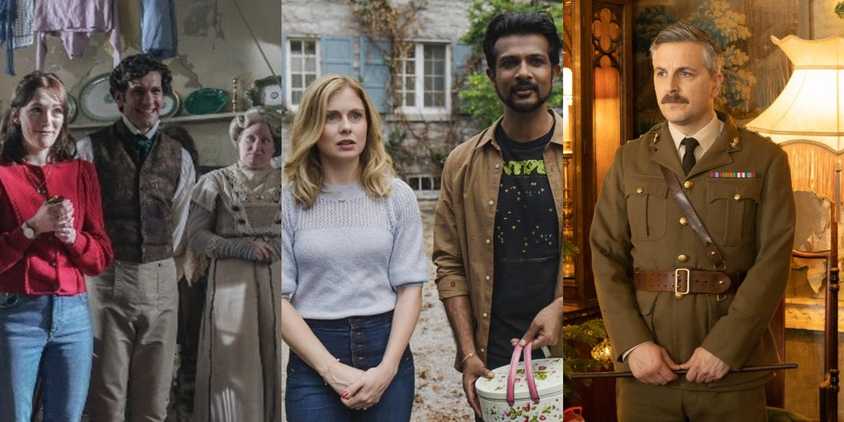 Split image of Alison, Lady Button and Thomas, the new couple in CBS Ghosts and The General in BBC Ghosts