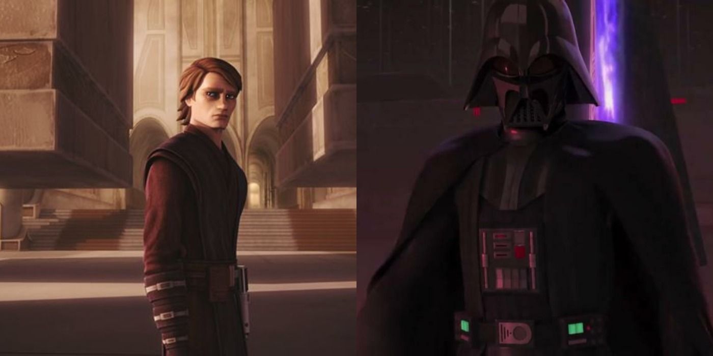 Split image of Anakin Skywalker in The Clone Wars &amp; Darth Vader In Rebels