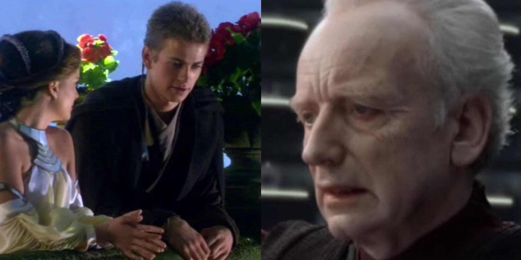 Split image of Anakin and Padme on Naboo and Palpatine in the Senate in Attack of the Clones