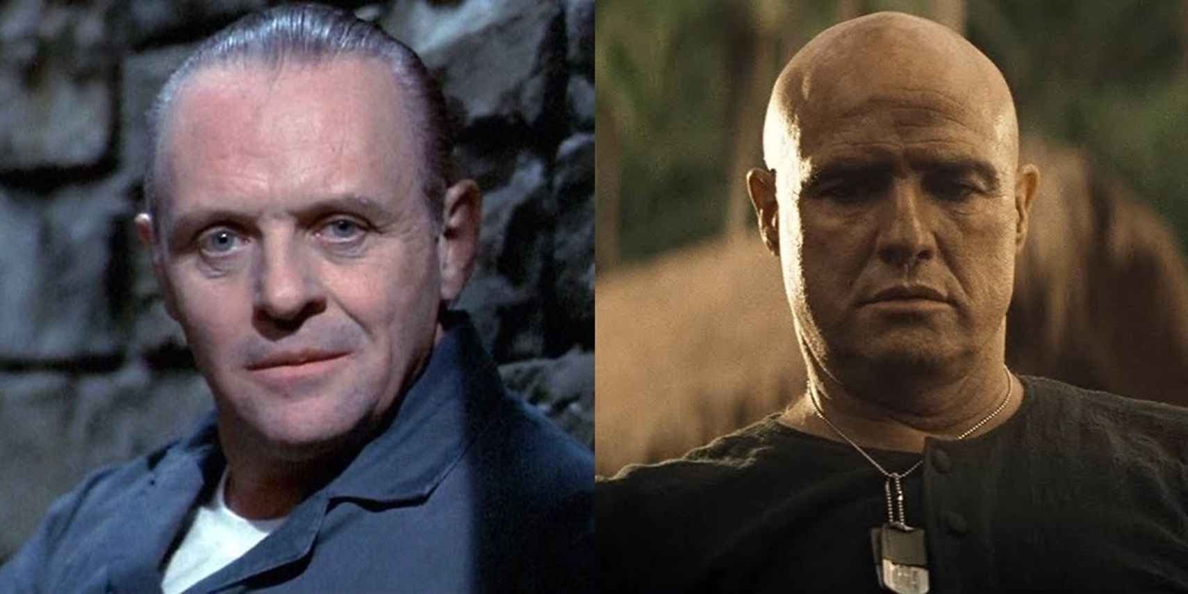 Split image of Anthony Hopkins in The Silence of the Lambs and Marlon Brando in Apocalypse Now