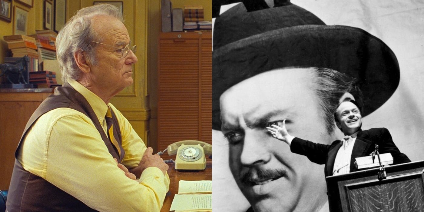 Split image of Arthur in The French Dispatch and Kane in Citizen Kane