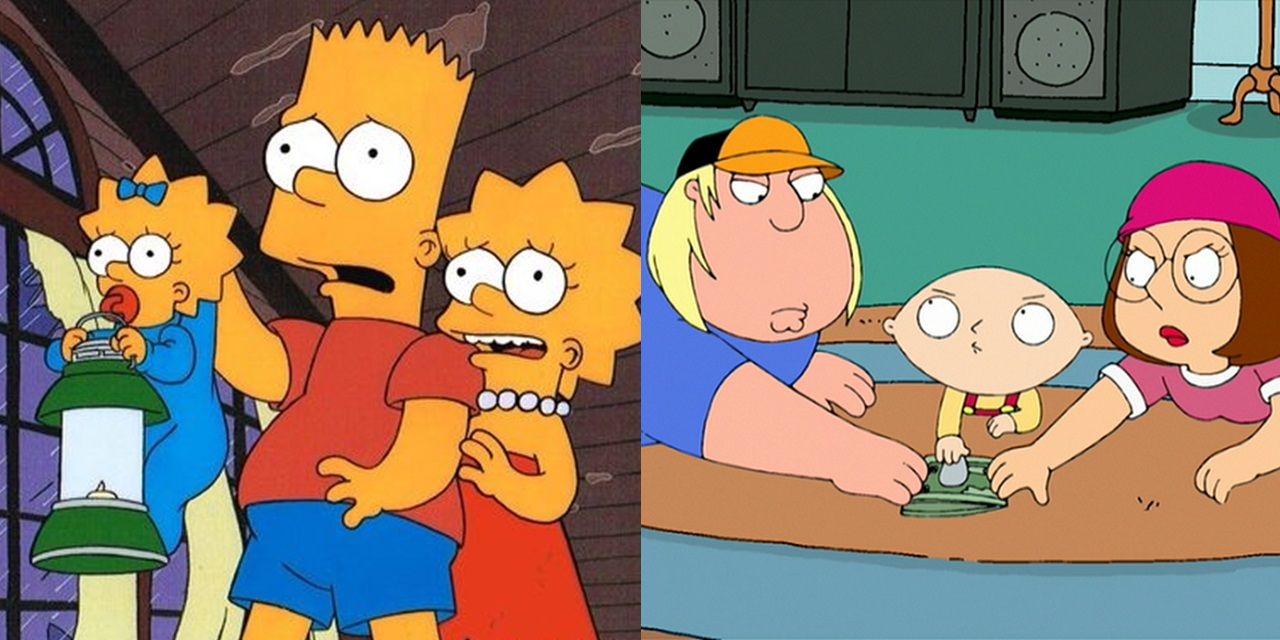 Split image of Bart, Lisa, and Maggie in The Simpsons and Chris, Meg, and Stewie in Family Guy