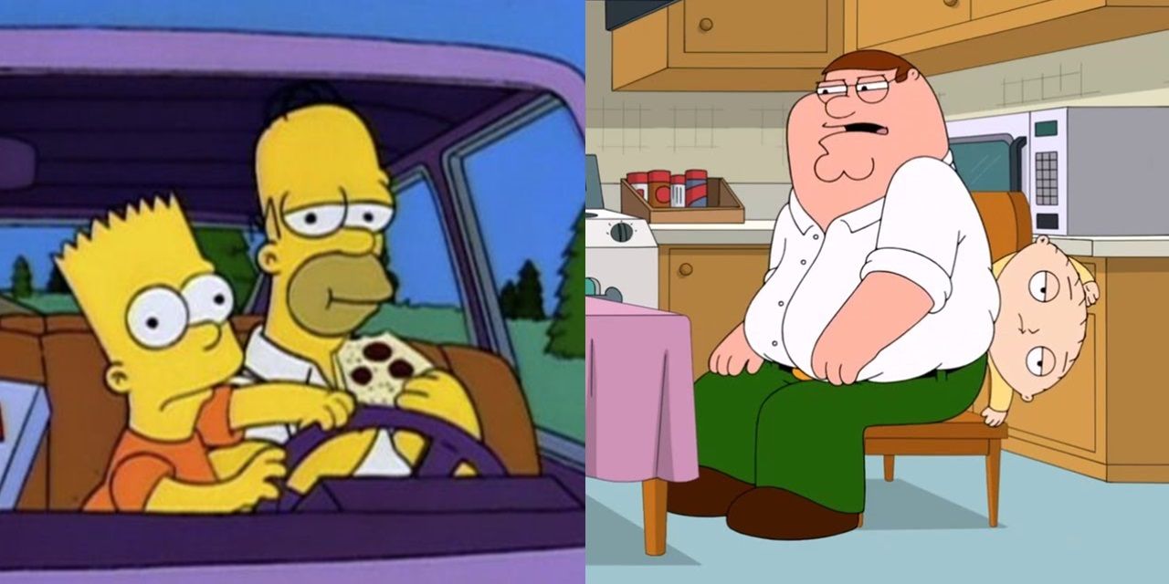 Split image of Bart and Homer in The Simpsons and Peter and Stewie in Family Guy