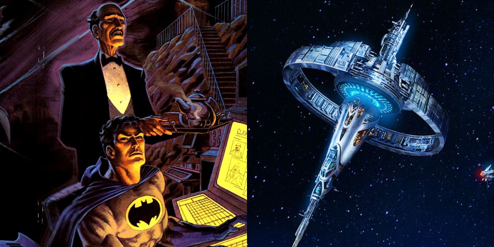 Split image of Batman and Alfred at the Batcomputer and the Watchtower in DC comics