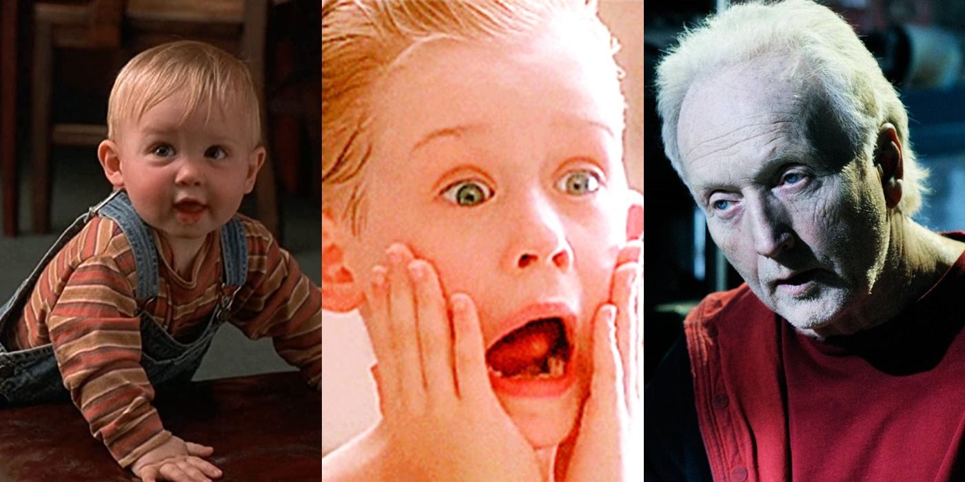 Split image of Bink in Baby's Day Out, Kevin in Home Alone, and the Jigsaw killer in Saw