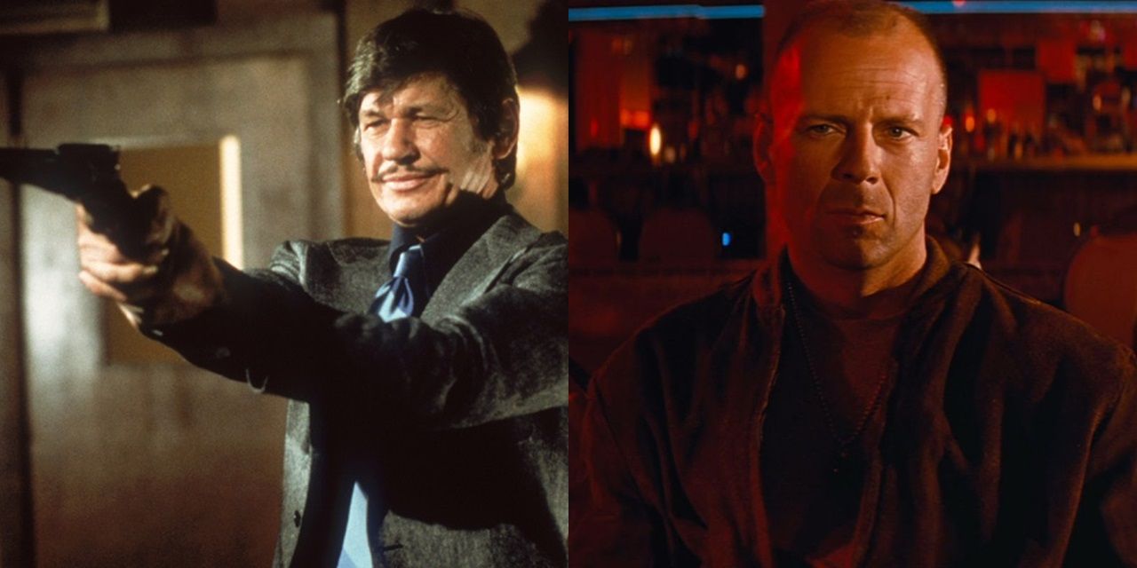 Split image of Charles Bronson in Death Wish and Bruce Willis in Pulp Fiction