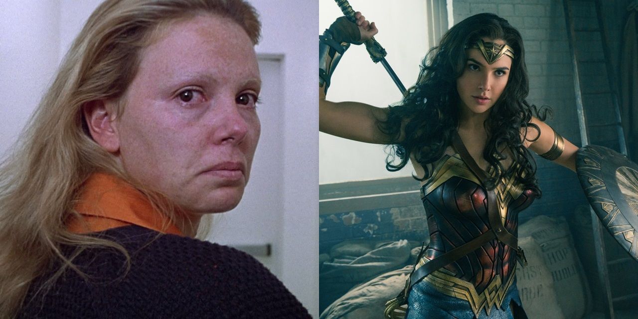 Split image of Charlize Theron in Monster and Gal Gadot in Wonder Woman