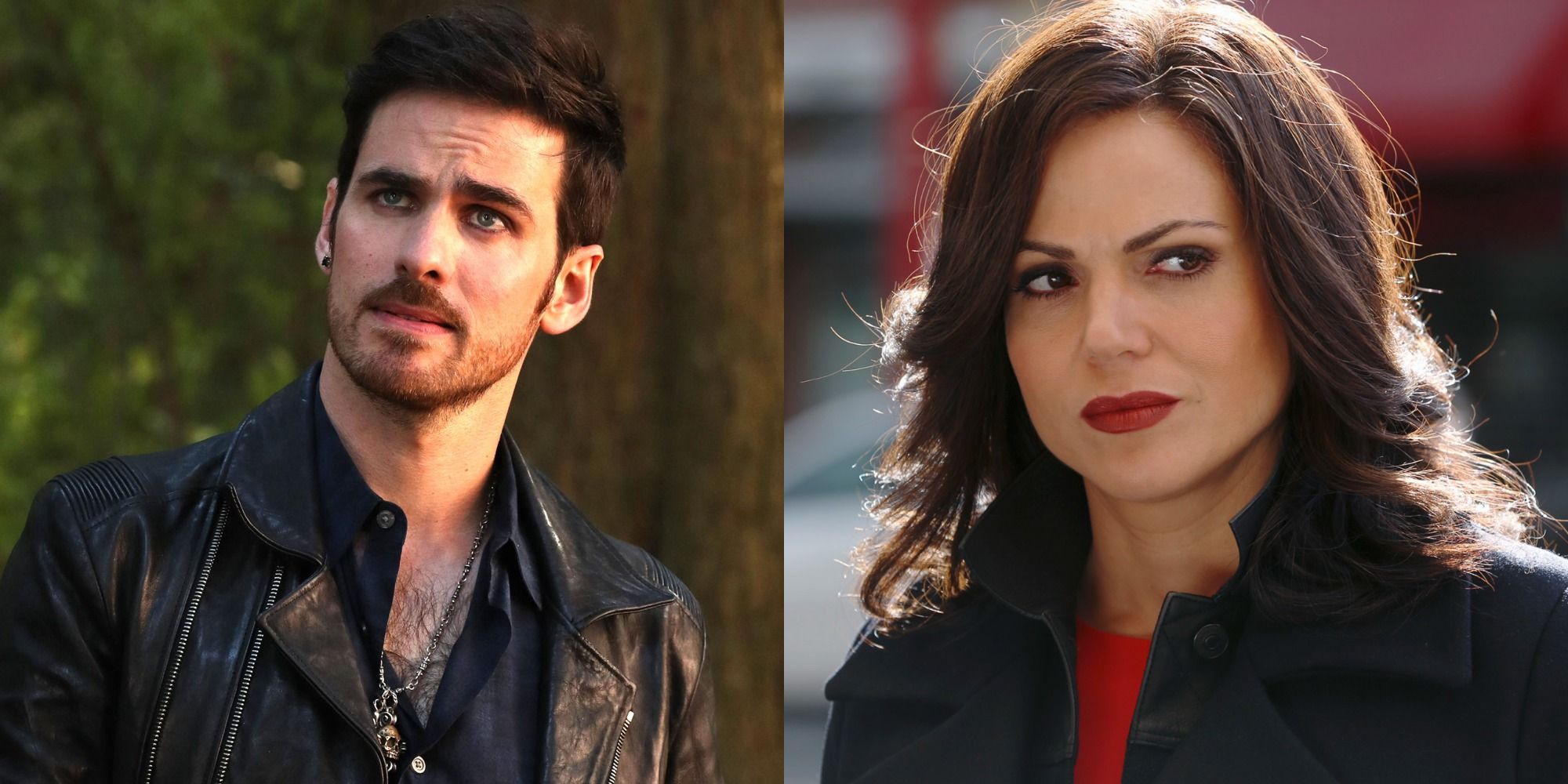 Split image of Colin O'Donoghue as Hook and Lana Parrilla as Regina in Once Upon A Time