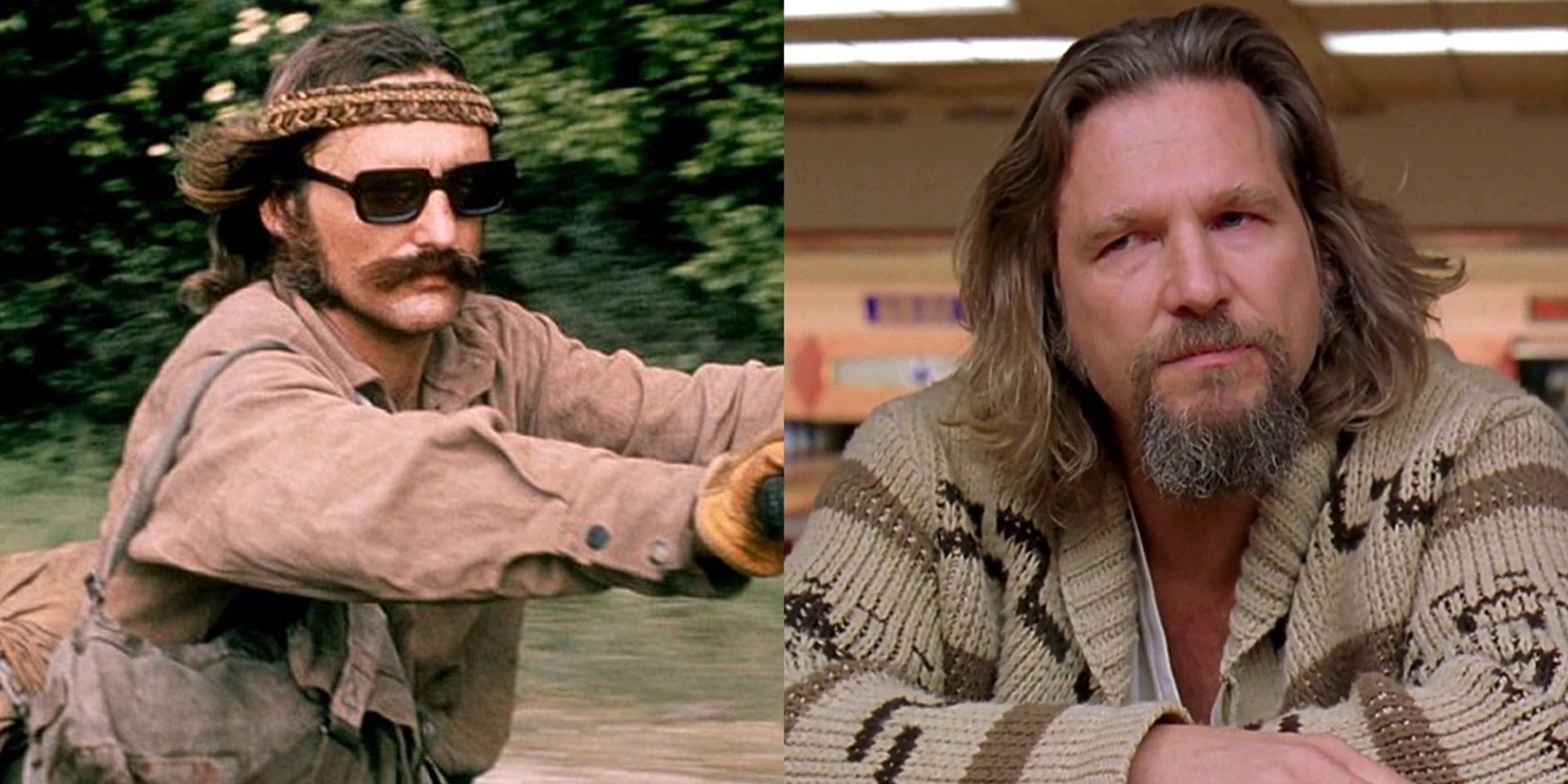 Split image of Dennis Hopper in Easy Rider and Jeff Bridges in The Big Lebowski