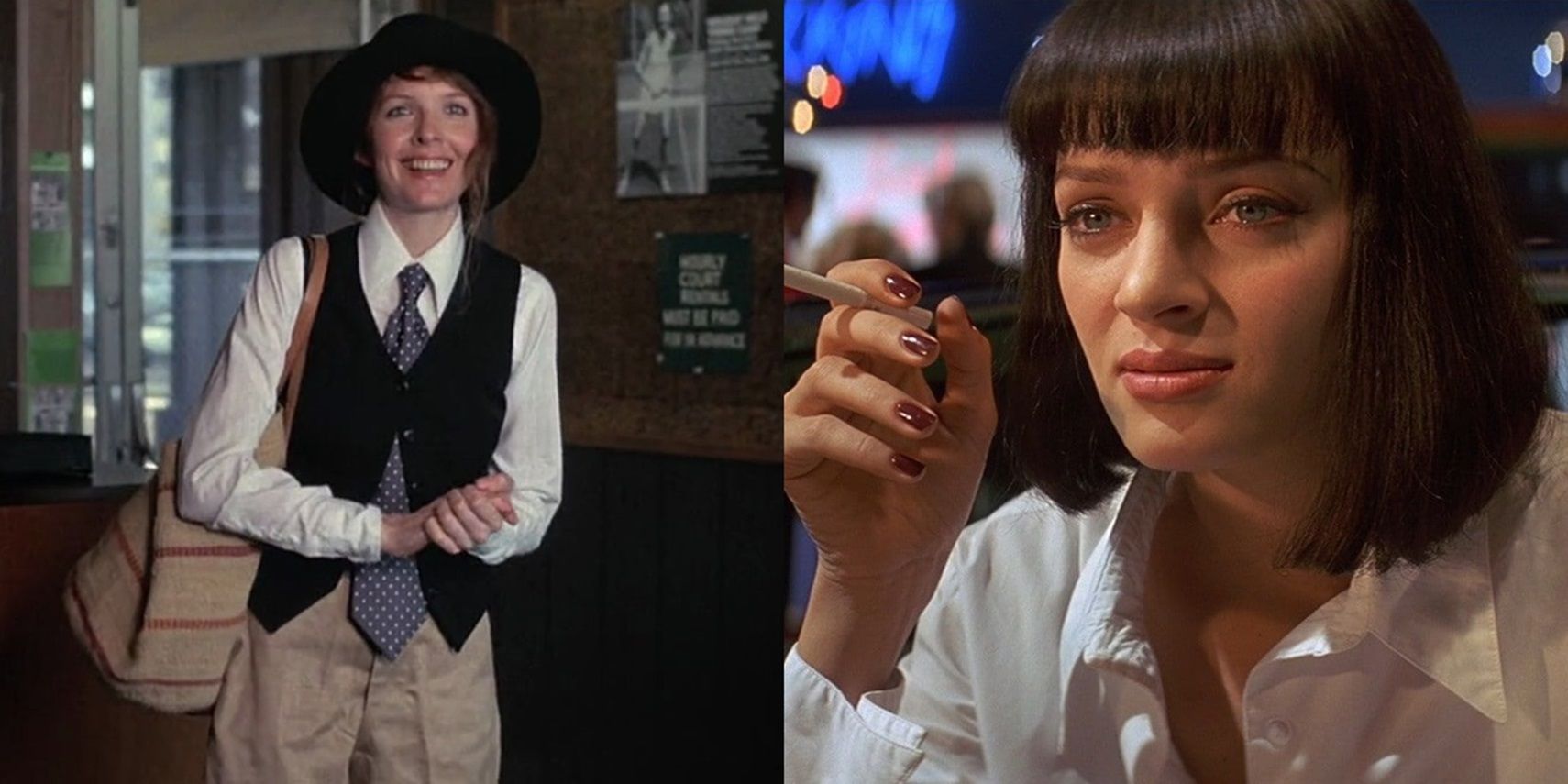 Split image of Diane Keaton in Annie Hall and Uma Thurman in Pulp Fiction
