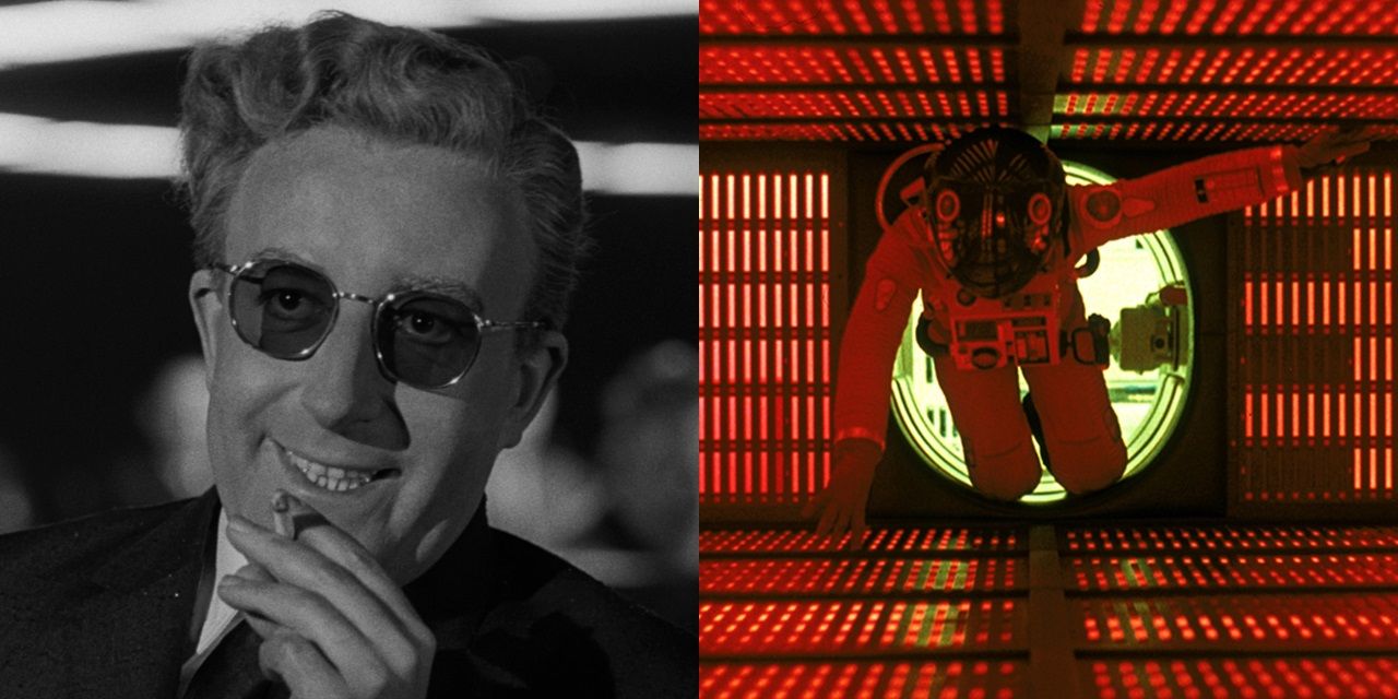 Split image of Dr Strangelove in the War Room and Dave Bowman in 2001