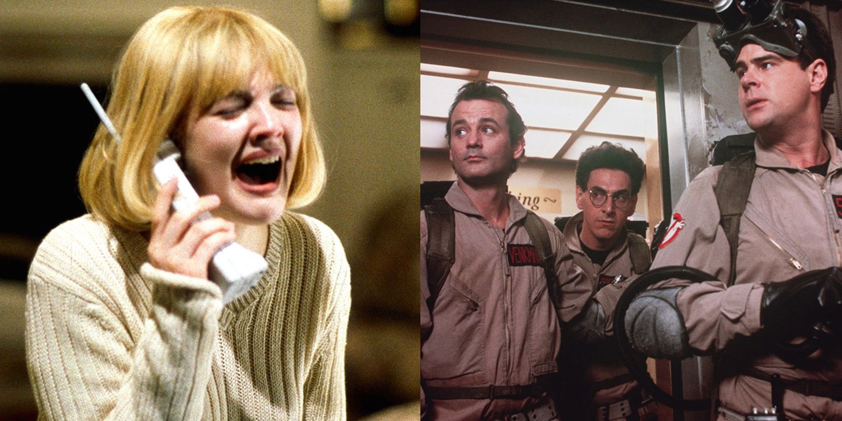 Split image of Drew Barrymore in Scream and Bill Murray, Harold Ramis, and Dan Aykroyd in Ghostbusters