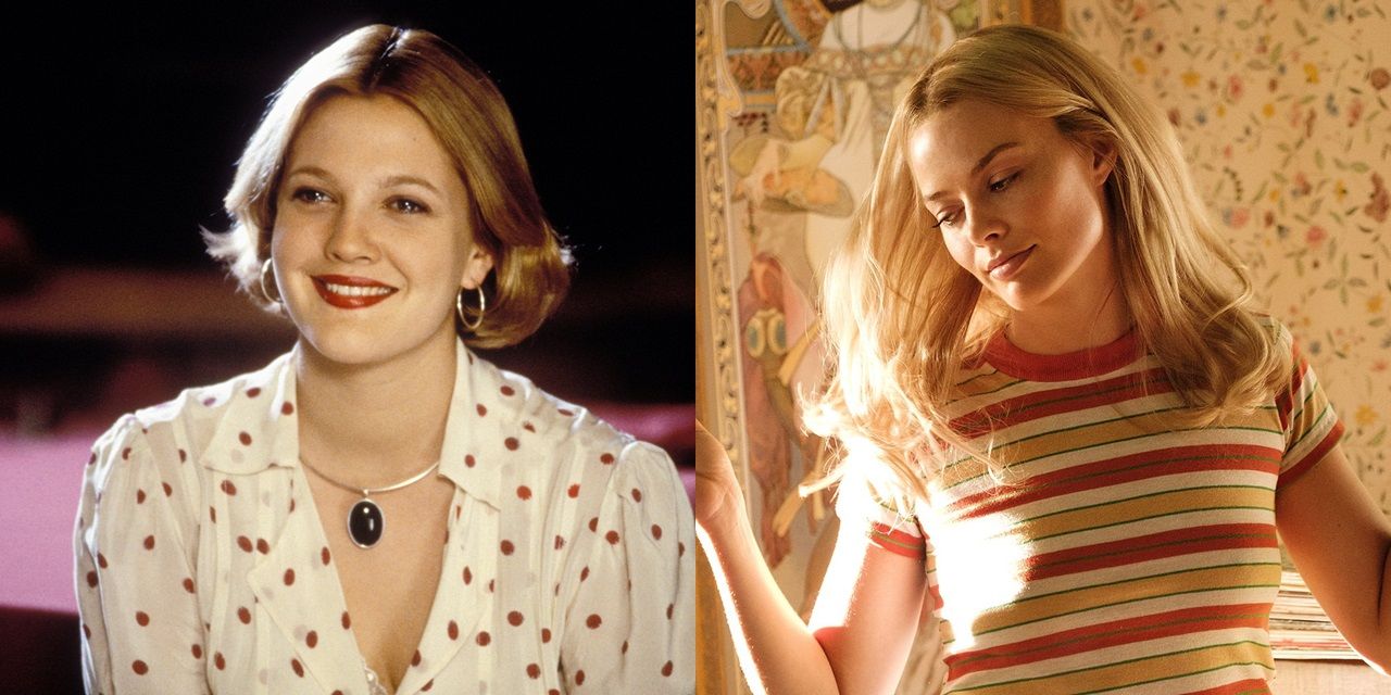 Split image of Drew Barrymore in The Wedding Singer and Margot Robbie in Once Upon a Time in Hollywood