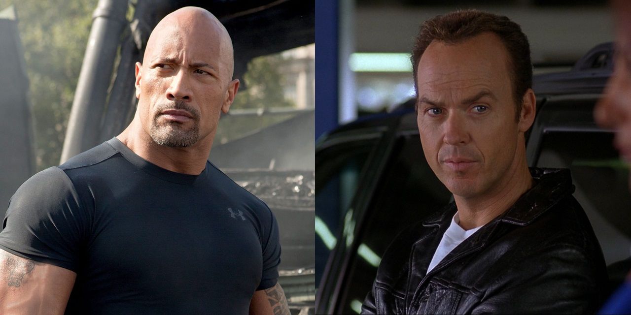 Split image of Dwayne Johnson in Fast and Furious and Michael Keaton in Jackie Brown
