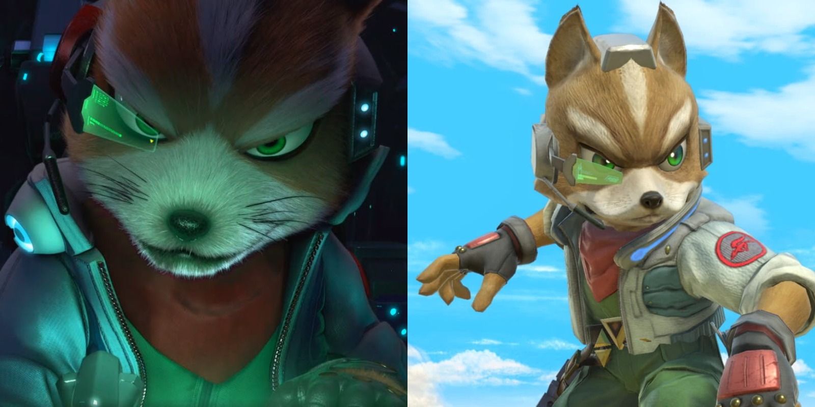 Split image of Fox McCloud piloting an Arwing in Starlink Battle For Atlas and Fox McCloud on foot in Super Smash Bros. Ultimate