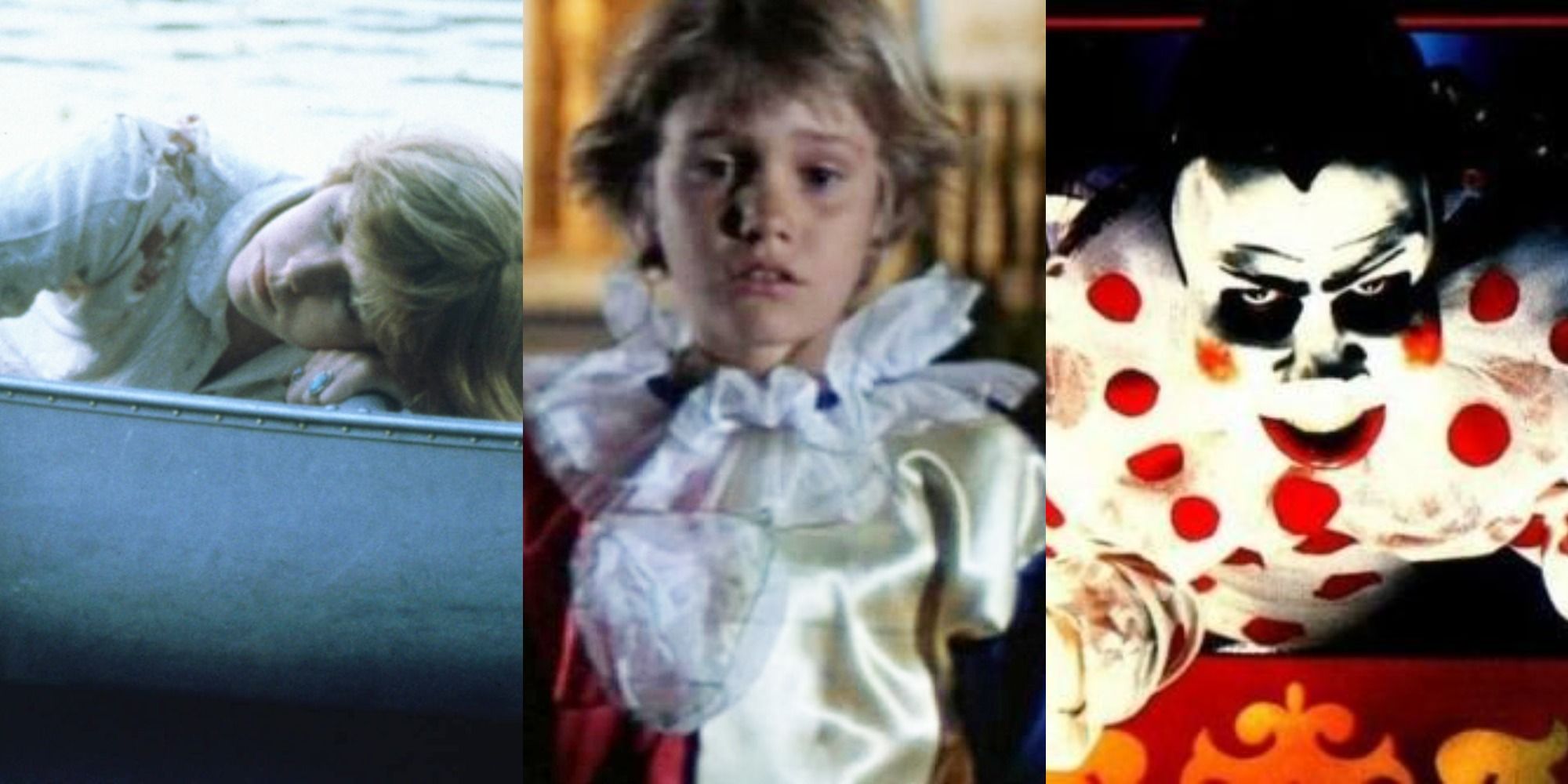 Triple image of Alice in boat Friday the 13th, young Michael Myers, Funhouse clown poster