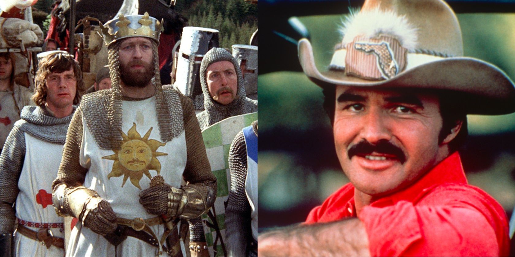 Split image of Graham Chapman in Monty Python and the Holy Grail and Burt Reynolds in Smokey and the Bandit