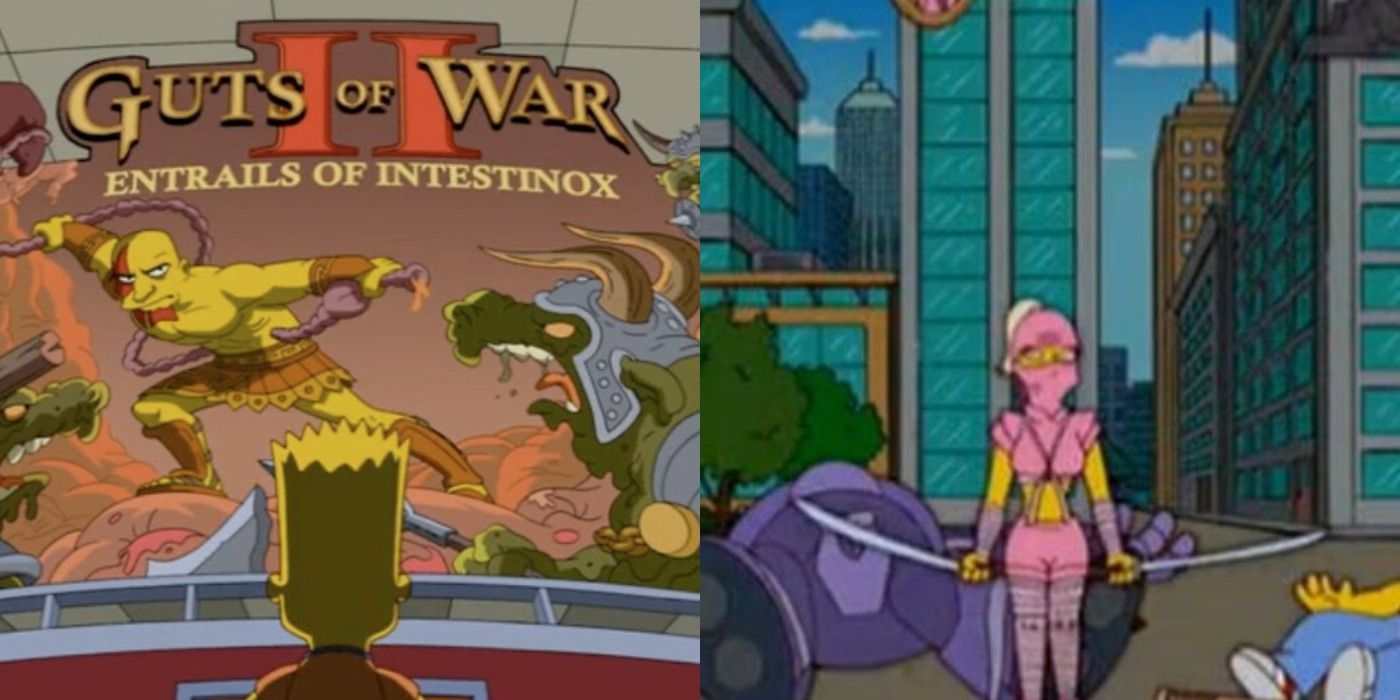 Split image of Guts of War and Death Kill City II in The Simpsons