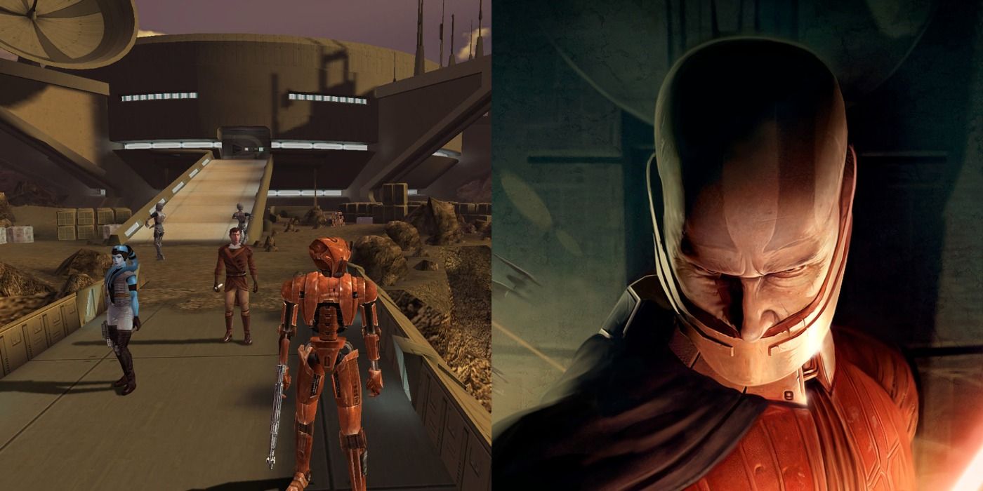 Split image of HK-47, Mission, and the player in KOTOR and Darth Malak on the cover art of Knights of the Old Republic