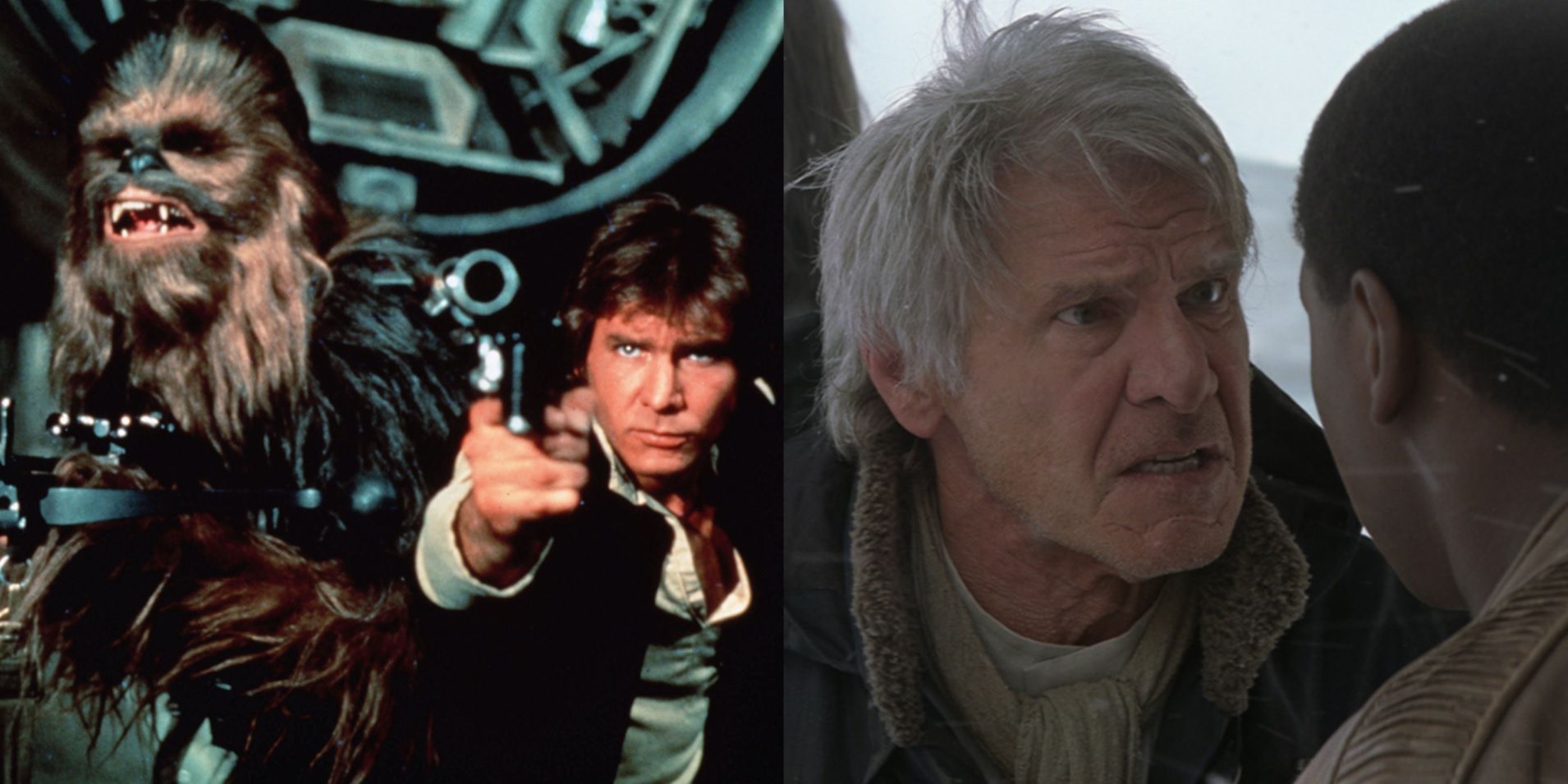 Split image of Han and Chewie by the Falcon and Han and Finn on Starkiller Base