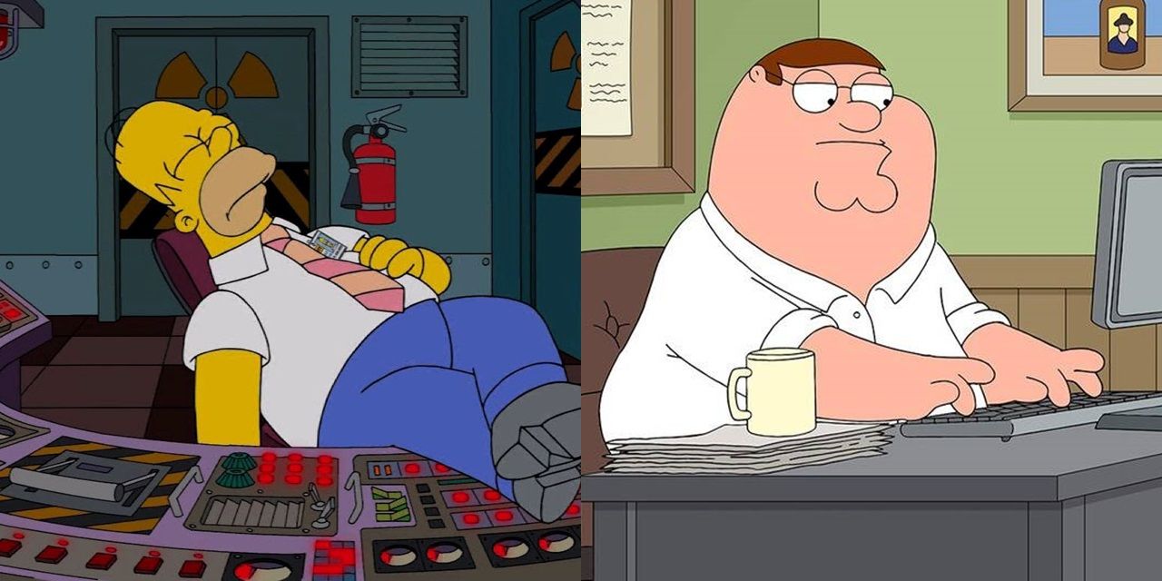 Split image of Homer Simpson and Peter Griffin at their desks at work